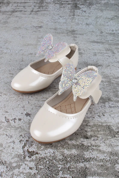 Kız Çocuk Ayakkabı Cırtlı Kelebek Taşlı Babet Sedef - 2