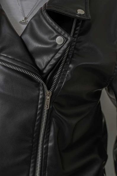 Fermuarlı Astarlı Çıtçıtlı Kol Kadın Deri Ceket - 8