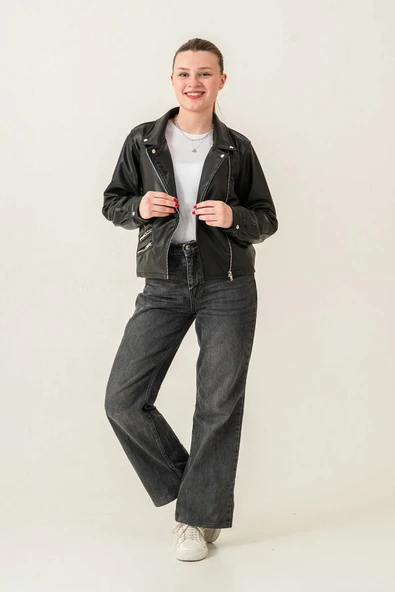 Fermuarlı Astarlı Çıtçıtlı Kol Kadın Deri Ceket - 6