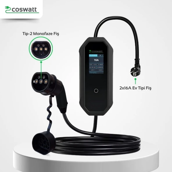 Taşınabilir Şarj Cihazı 3.5 kW / 16A / Türkçe Menü/Tip-2 / Ev Tipi Schuko Fiş / 220V AC / Taşıma Çantası Hediyeli (10m Kablolu) - 2