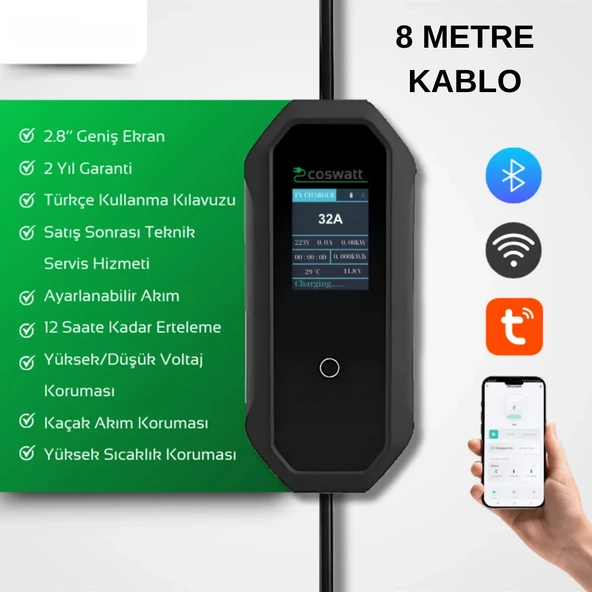 Taşınabilir Şarj Cihazı 7 kW 32A Tip-2 / 3x32A Fiş 220V AC Ev Tipi Dönüştürücü Kablo ve Taşıma Çantası Hediyeli (8 METRE KABLO) - 4