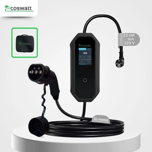 Taşınabilir Şarj Cihazı 3.5 kW / 16A / Türkçe Menü/Tip-2 / Ev Tipi Schuko Fiş / 220V AC / Taşıma Çantası Hediyeli (10m Kablolu)