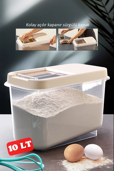 Sürgülü Kapaklı 10 LT Erzak Bakliyat Un Şeker Saklama Kabı