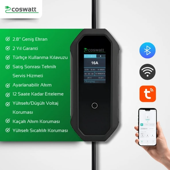 Taşınabilir Şarj Cihazı 3.5 kW / 16A / Türkçe Menü/Tip-2 / Ev Tipi Schuko Fiş / 220V AC / Taşıma Çantası Hediyeli (10m Kablolu) - 3