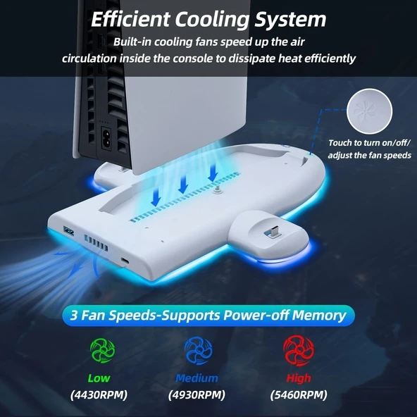 PS5 Slim için Wigearss Dikey Stand Soğutma Fanları 3 Seviyede Ayarlanabilir Fanlı Çok İşlevli Stand - 2