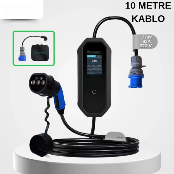 Elektrikli Araba Taşınabilir Şarj Cihazı 7 kw / 32A / Tip-2 / 3x32A Fiş / Monofaze/Çantalı / Ev Tipi Dönüştürücü Kablolu (10 METRE KABLO)