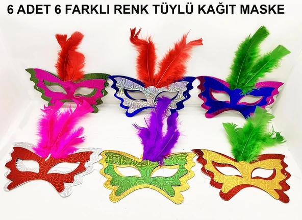 Tüylü Kağıt Karnaval Maskesi (6'lı Set)
