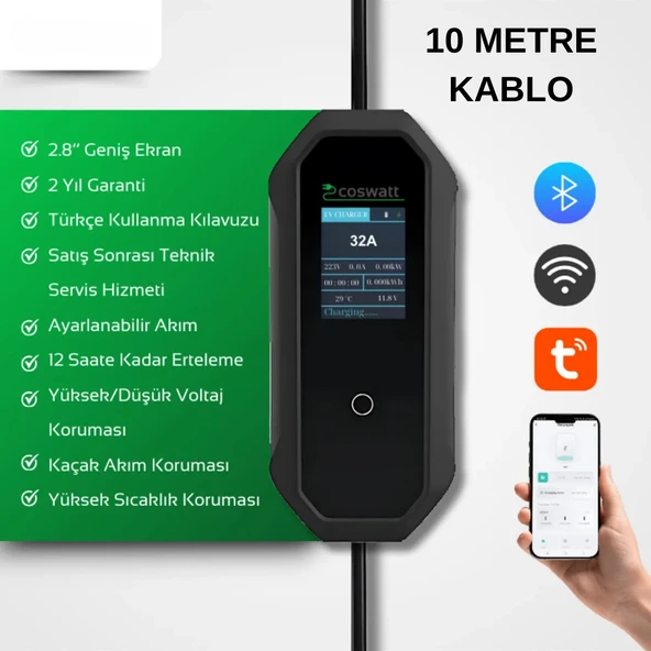 Elektrikli Araba Taşınabilir Şarj Cihazı 7 kw / 32A / Tip-2 / 3x32A Fiş / Monofaze/Çantalı / Ev Tipi Dönüştürücü Kablolu (10 METRE KABLO) - 4