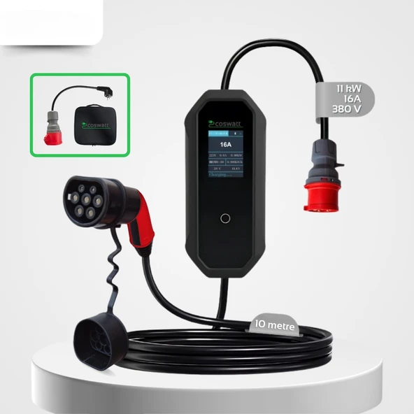 Taşınabilir Şarj Cihazı 11 kW 3P-16A Tip-2 5x16A Fiş 380V AC Ev Tipi Dönüştürücü Kablo ve Taşıma Çantası Hediyeli ( 10 METRE KABLO)