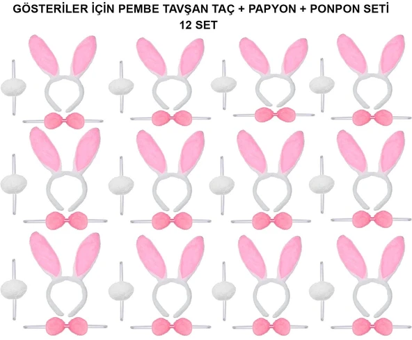 Pembe Tavşan Kostüm Seti – Taç, Papyon, Ponpon (12’li Paket) - 1