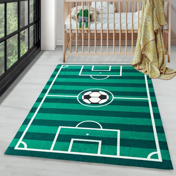 Çocuk Bebek Genç odası eğitici oyun Halısı Futbol Sahası temalı Yeşil Halı Kaymaz Taban Yıkanabilir