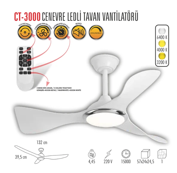 Cata CT-3000 Modern Tavan Vantilatörü Beyaz LED Işıklı ve Uzaktan Kumandalı LED Sessiz Motor Şık Tasarım 3 Renk Moduyla - 2
