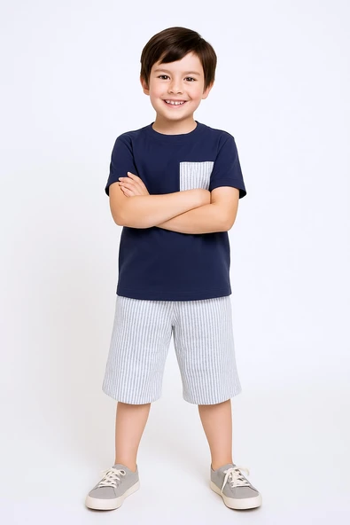 ERKEK ÇOCUK ŞORTLU TAKIM ÇİZGİLİ CEP DETAYLI E15 - Resim 4