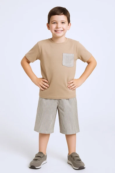 ERKEK ÇOCUK ŞORTLU TAKIM ÇİZGİLİ CEP DETAYLI E15 - Resim 10