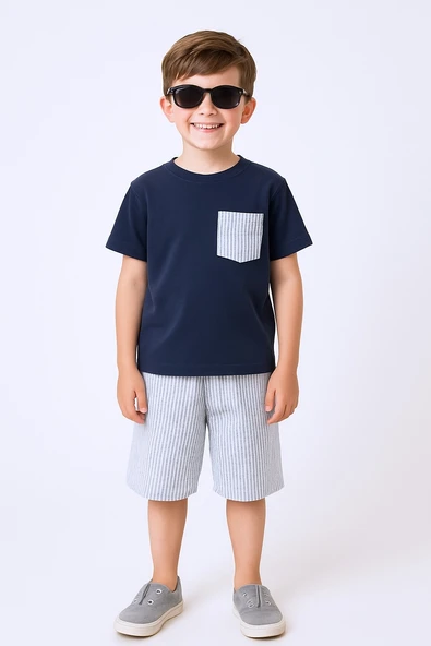 ERKEK ÇOCUK ŞORTLU TAKIM ÇİZGİLİ CEP DETAYLI E15 - Resim 5