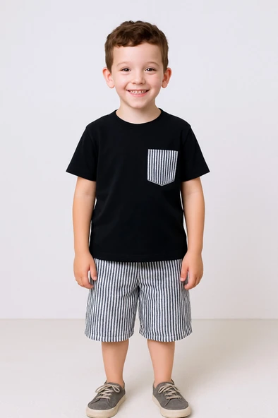 ERKEK ÇOCUK ŞORTLU TAKIM ÇİZGİLİ CEP DETAYLI E15 - Resim 7