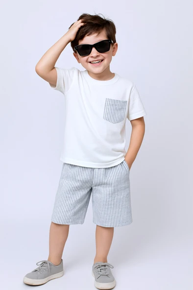 ERKEK ÇOCUK ŞORTLU TAKIM ÇİZGİLİ CEP DETAYLI E15 - Resim 2