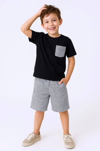 ERKEK ÇOCUK ŞORTLU TAKIM ÇİZGİLİ CEP DETAYLI E15 - Resim 6