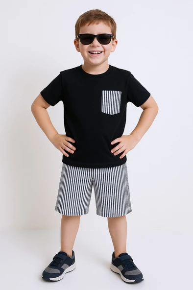 ERKEK ÇOCUK ŞORTLU TAKIM ÇİZGİLİ CEP DETAYLI E15 - Resim 8