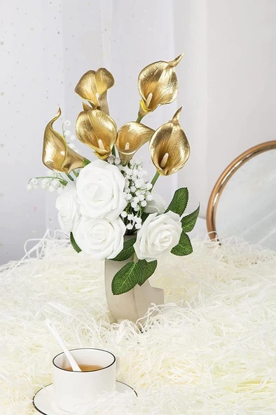 Yapay Çiçek Altın Renk Gala Eva Malzeme Cala Flower 8li Demet - 4