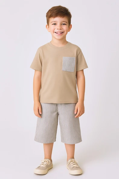 ERKEK ÇOCUK ŞORTLU TAKIM ÇİZGİLİ CEP DETAYLI E15 - Resim 11