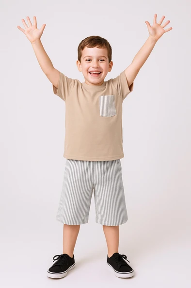 ERKEK ÇOCUK ŞORTLU TAKIM ÇİZGİLİ CEP DETAYLI E15 - Resim 9