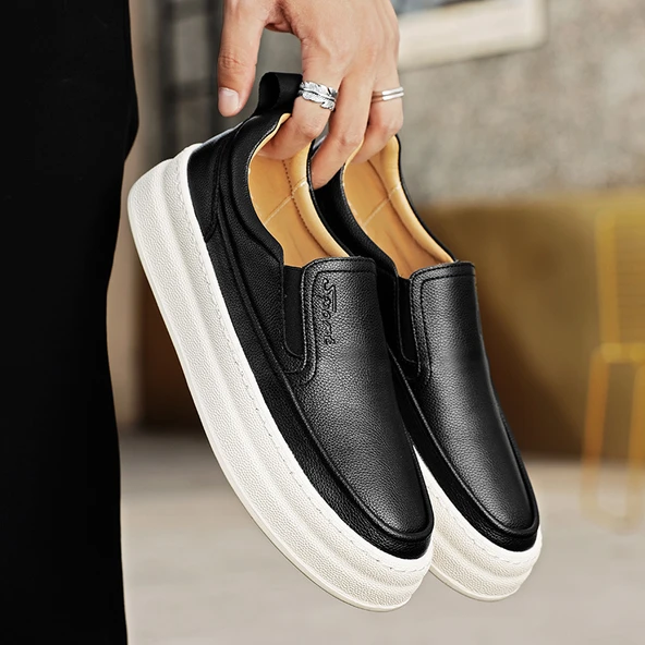 Erkek Deri Slip-On Kaykay Ayakkabısı (Siyah)