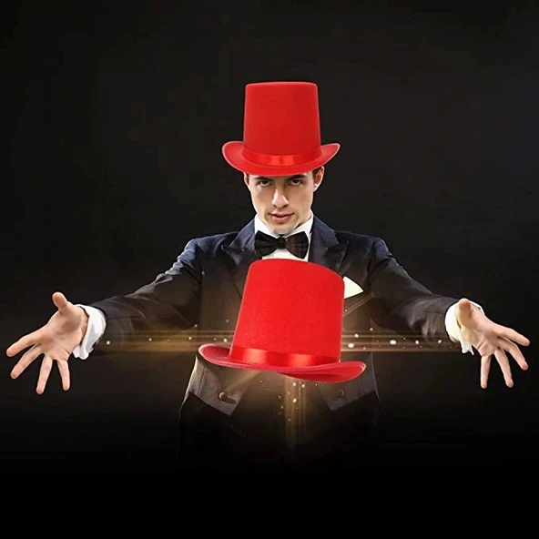 Yetişkinler İçin Kırmızı Renk Ringmaster Sihirbaz Şapkası Fötr Şapka 15 cm - 2