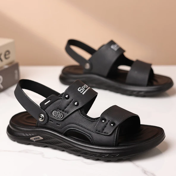 Erkek Deri Plaj Sandalet (Siyah) - Resim 7