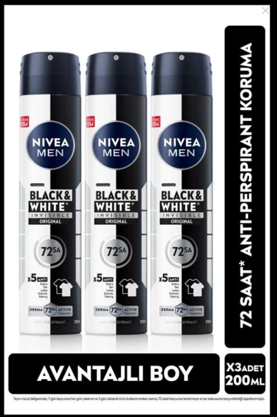 MEN Erkek Sprey Deodorant Black&White Invisible Original 200ml, 72 Saat Anti-perspirant, X3 Adet