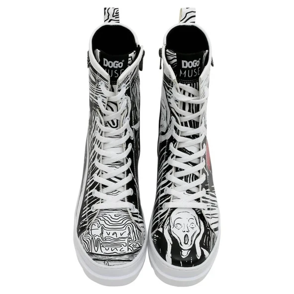 Kadın Vegan Deri Siyah Fermuarlı Uzun Bot - Edvard Munch The Scream Muse Tasarım - 3