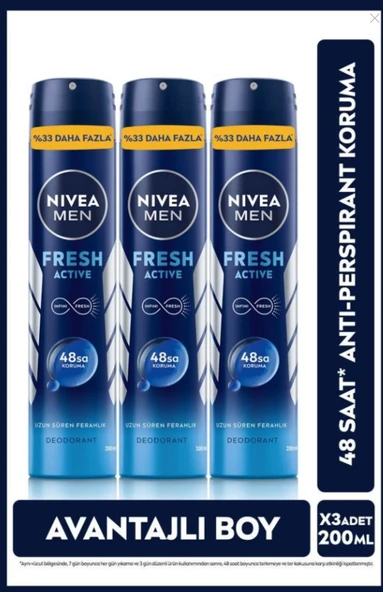 Men Erkek Sprey Deodorant Fresh Active 200ml,ter Kokusuna Karşı 48 Saat Koruma,avantajlı Boy,x3 Adet