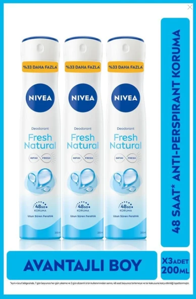Kadın Sprey Deodorant Fresh Natural 200 Ml,ter Kokusuna Karşı 48 Saat Koruma, Avantajlı Boy,x3 Adet