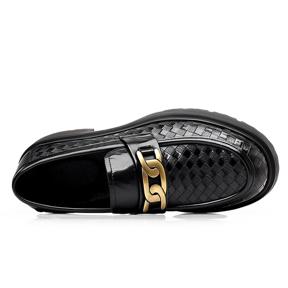 Erkek Deri Derby Ayakkabı - Kalın Tabanlı - Dokuma Desenli (Siyah) - Resim 8