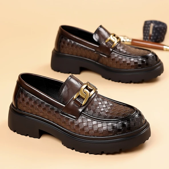 Erkek Deri Derby Ayakkabı - Kalın Tabanlı - Dokuma Desenli (Siyah) - Resim 7