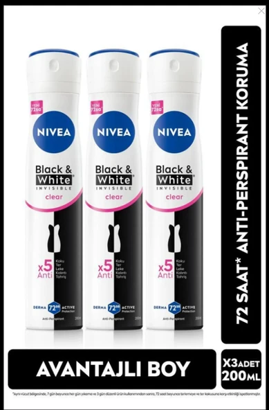 Kadın Sprey Deodorant Black&white Invisible Clear 48 Saat Anti-perspirant Koruma 200mlx3adet