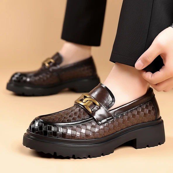 Erkek Deri Derby Ayakkabı - Kalın Tabanlı - Dokuma Desenli (Siyah) - Resim 5