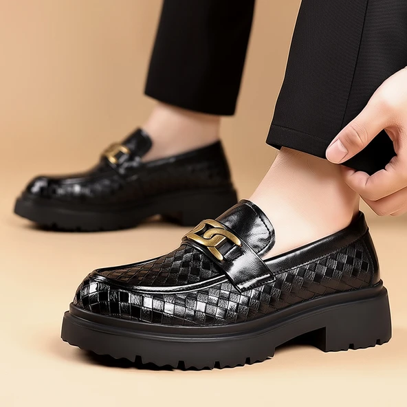 Erkek Deri Derby Ayakkabı - Kalın Tabanlı - Dokuma Desenli (Siyah) - Resim 9