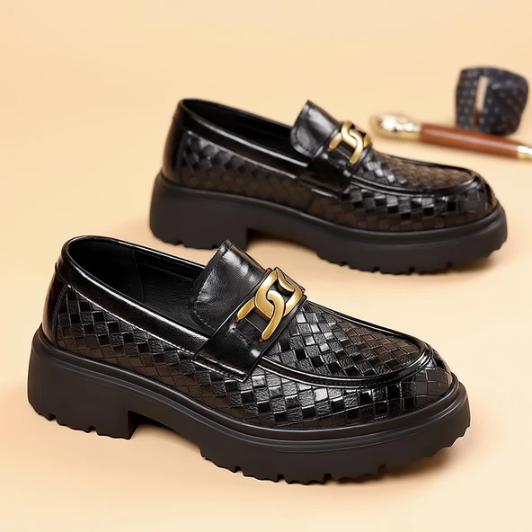 Erkek Deri Derby Ayakkabı - Kalın Tabanlı - Dokuma Desenli (Siyah) - Resim 6