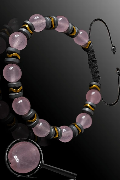 Sertifikalı Gerçek Mat Hematit - Pembe Kuvars Taşı Bileklik - Ayarlamalı - Resim 2