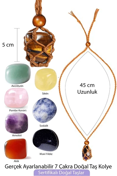 Sertifikalı Orijinal Şifa Seti Makrome Örgülü 7 Çakra Doğal Taş Kolye Ayarlanabilir - Kahve