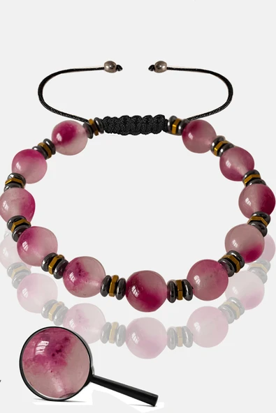 Sertifikalı Rose Hematit Pembe Renkli Kuvars Taşı Bileklik - Ayarlamalı ürün görseli