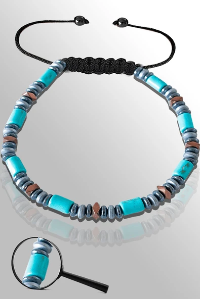 Sertifikalı Hematit - Firuze (Turkuaz) Taşı Bileklik - Ayarlamalı ürün görseli