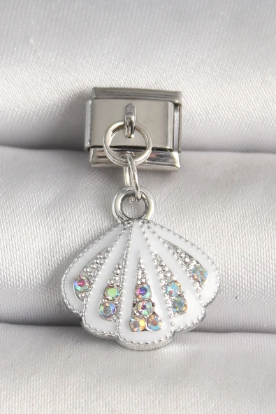 316L Çelik Gümüş Renk Zirkon Taşlı Deniz Kabuğu Model Nomination Charm - TJ-BC1256