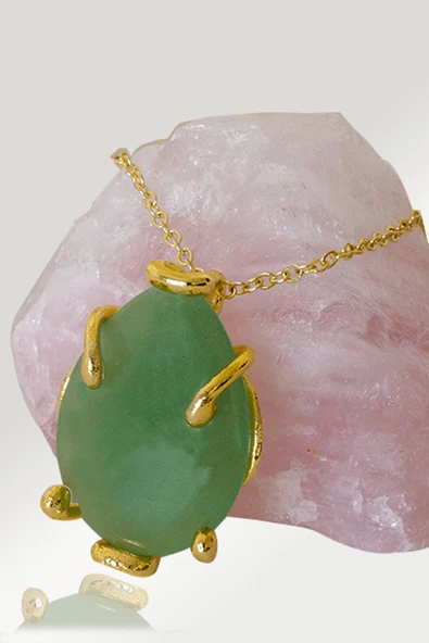 Sertifikalı AAA+ Damla Model Aventurin Taşı Kolye - Altın Renkli ürün görseli