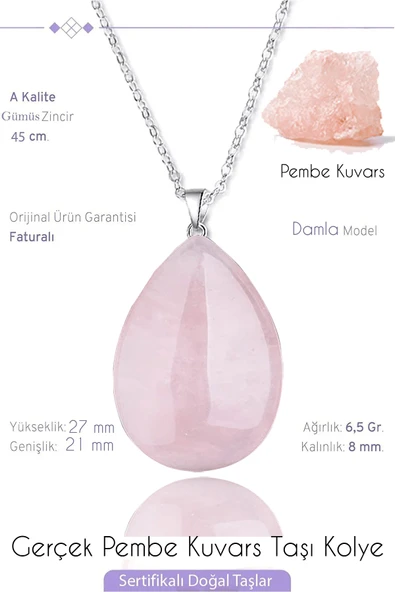 Sertifikalı Damla Model Pembe Kuvars Taşı Kolye - Açık Renk