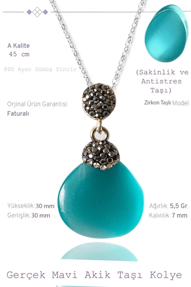 Sertifikalı Orijinal Zirkon Taşlı Model Açık Mavi Akik Taşı Kolye
