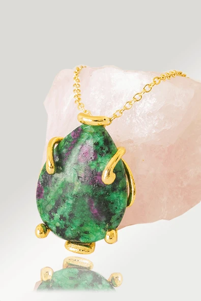 Sertifikalı AAA+ Damla Model Ruby Zoisite - Anyolit Taşı Kolye - Altın Renkli