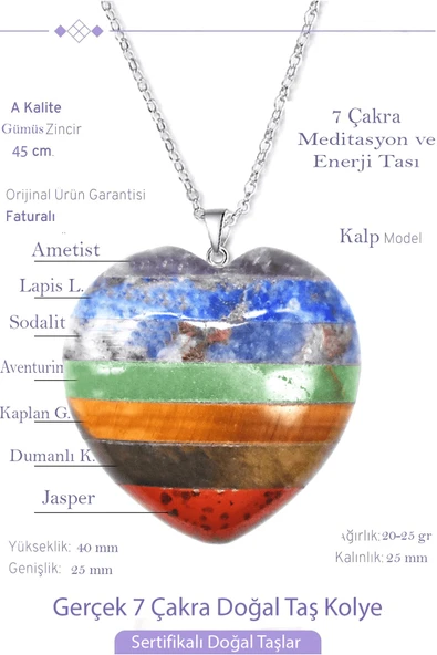 Sertifikalı Kalp Model Ametist Kuvars Aventurin Kaplan Gözü Lapis Jasper Akik 7 Çakra Kolye ürün görseli