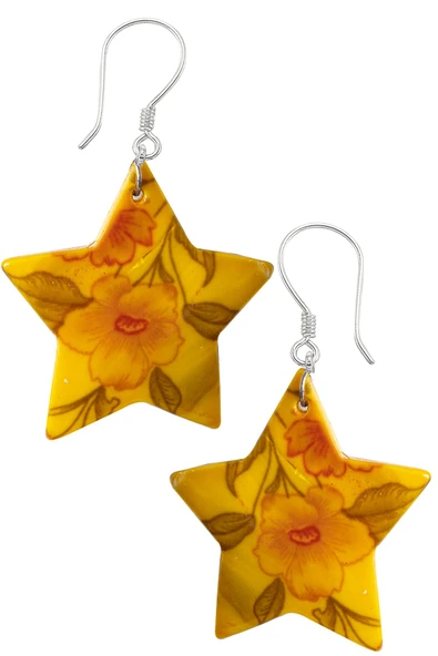 Sertifikalı Çiçek İşlemeli Yıldız Model Sarı Renkli Sedef Taşı Küpe ürün görseli